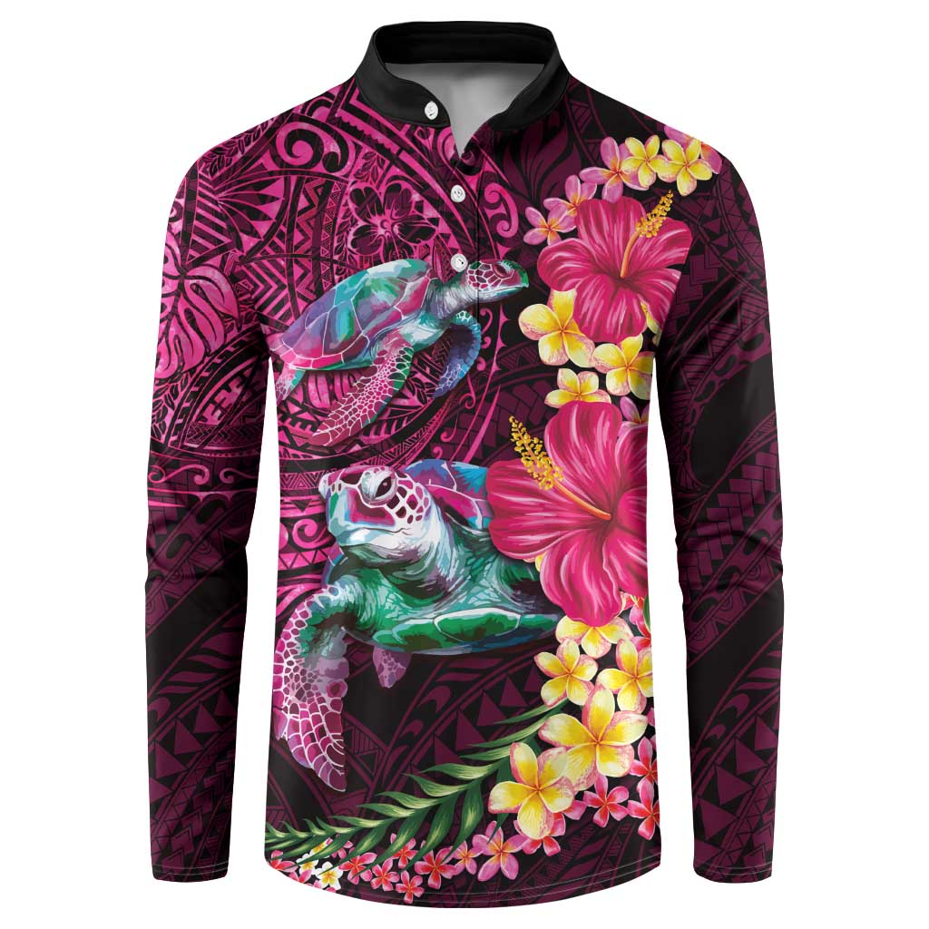 Hawaiian Plumeria and Hibiscus with Turtles Button Sweatshirt Polynesian Art Red Color LT03 Red - Polynesian Pride