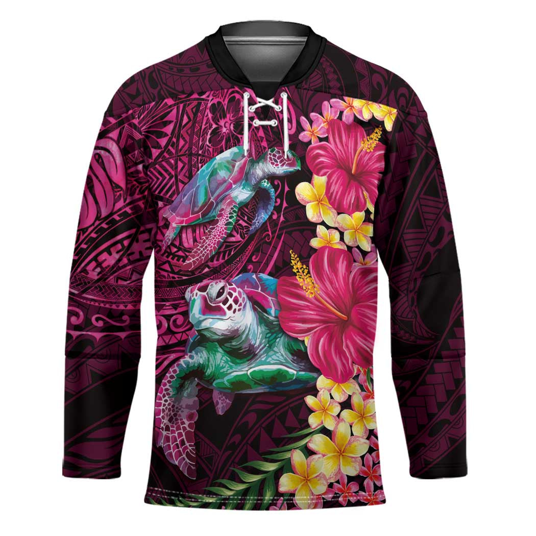 Hawaiian Plumeria and Hibiscus with Turtles Hockey Jersey Polynesian Art Red Color LT03 Unisex Red - Polynesian Pride