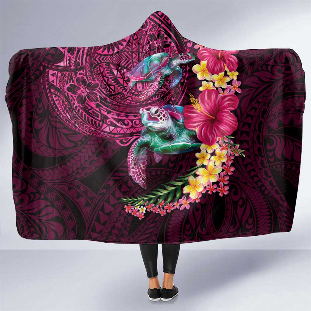 Hawaiian Plumeria and Hibiscus with Turtles Hooded Blanket Polynesian Art Red Color LT03 One Size Red - Polynesian Pride