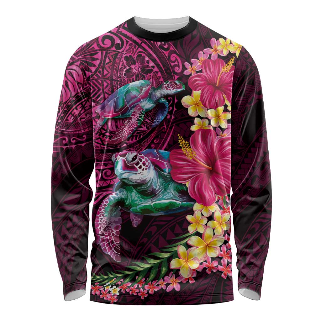 Hawaiian Plumeria and Hibiscus with Turtles Long Sleeve Shirt Polynesian Art Red Color LT03 Unisex Red - Polynesian Pride