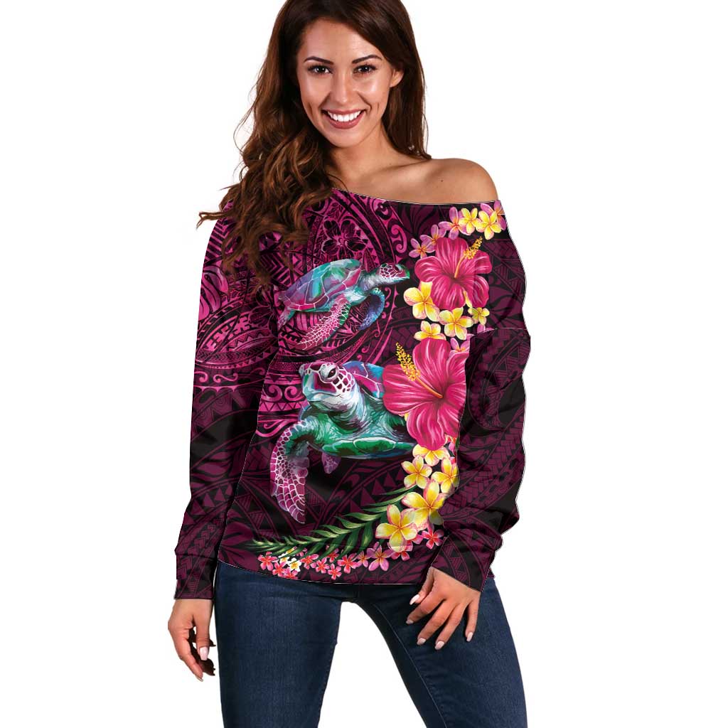 Hawaiian Plumeria and Hibiscus with Turtles Off Shoulder Sweater Polynesian Art Red Color LT03 Women Red - Polynesian Pride