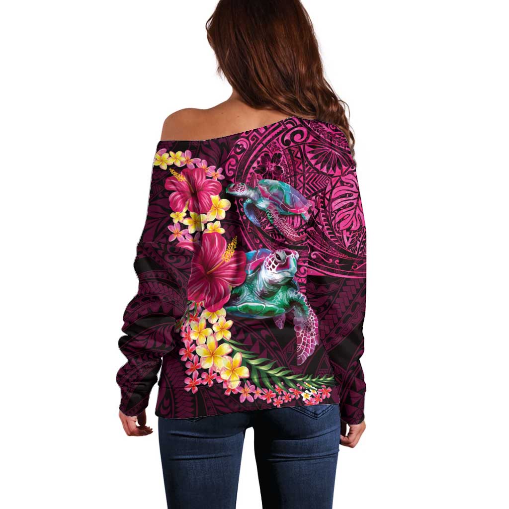 Hawaiian Plumeria and Hibiscus with Turtles Off Shoulder Sweater Polynesian Art Red Color LT03 - Polynesian Pride