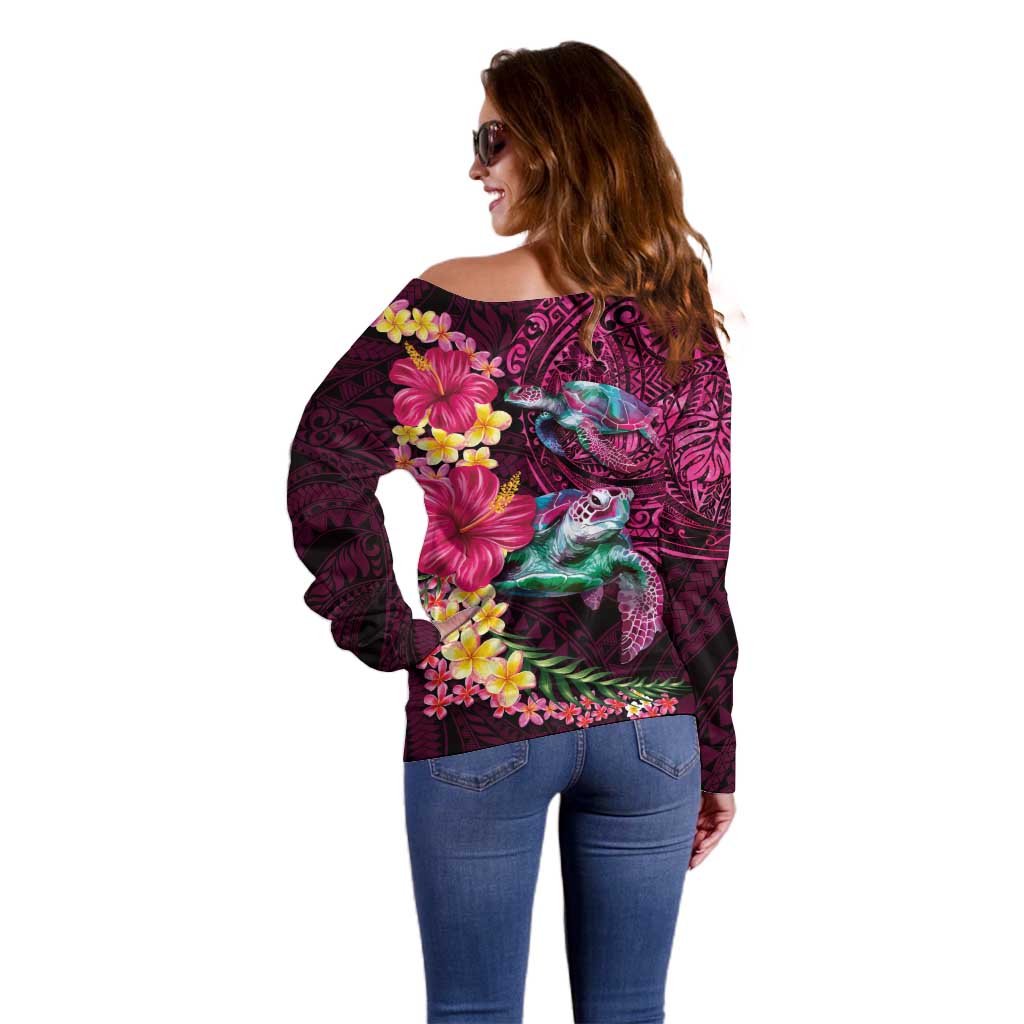 Hawaiian Plumeria and Hibiscus with Turtles Off Shoulder Sweater Polynesian Art Red Color LT03 - Polynesian Pride