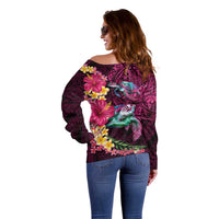 Hawaiian Plumeria and Hibiscus with Turtles Off Shoulder Sweater Polynesian Art Red Color LT03 - Polynesian Pride