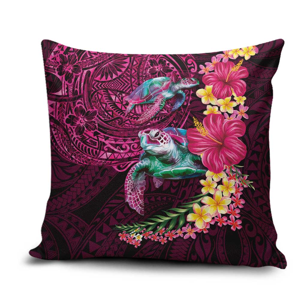 Hawaiian Plumeria and Hibiscus with Turtles Pillow Cover Polynesian Art Red Color LT03 Red - Polynesian Pride
