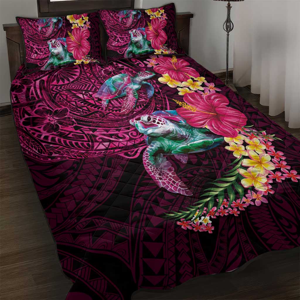 Hawaiian Plumeria and Hibiscus with Turtles Quilt Bed Set Polynesian Art Red Color LT03 Red - Polynesian Pride