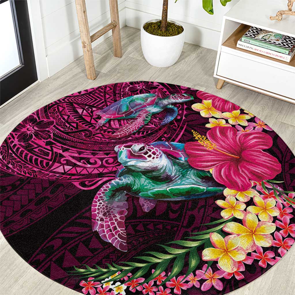 Hawaiian Plumeria and Hibiscus with Turtles Round Carpet Polynesian Art Red Color LT03 Red - Polynesian Pride
