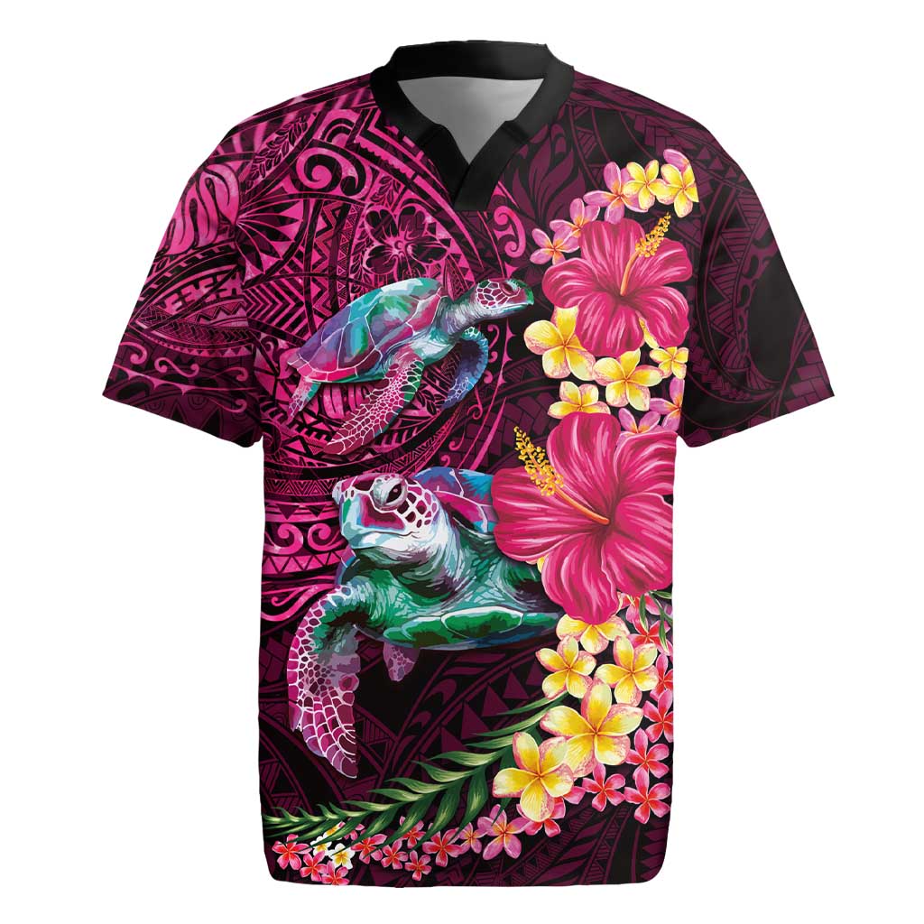 Hawaiian Plumeria and Hibiscus with Turtles Rugby Jersey Polynesian Art Red Color LT03 Red - Polynesian Pride
