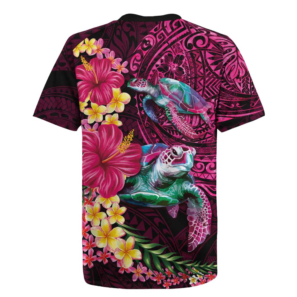 Hawaiian Plumeria and Hibiscus with Turtles Rugby Jersey Polynesian Art Red Color LT03 - Polynesian Pride