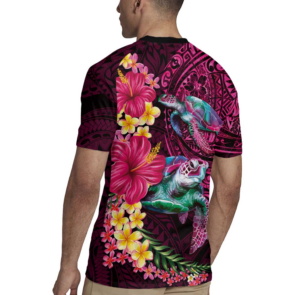Hawaiian Plumeria and Hibiscus with Turtles Rugby Jersey Polynesian Art Red Color LT03 - Polynesian Pride