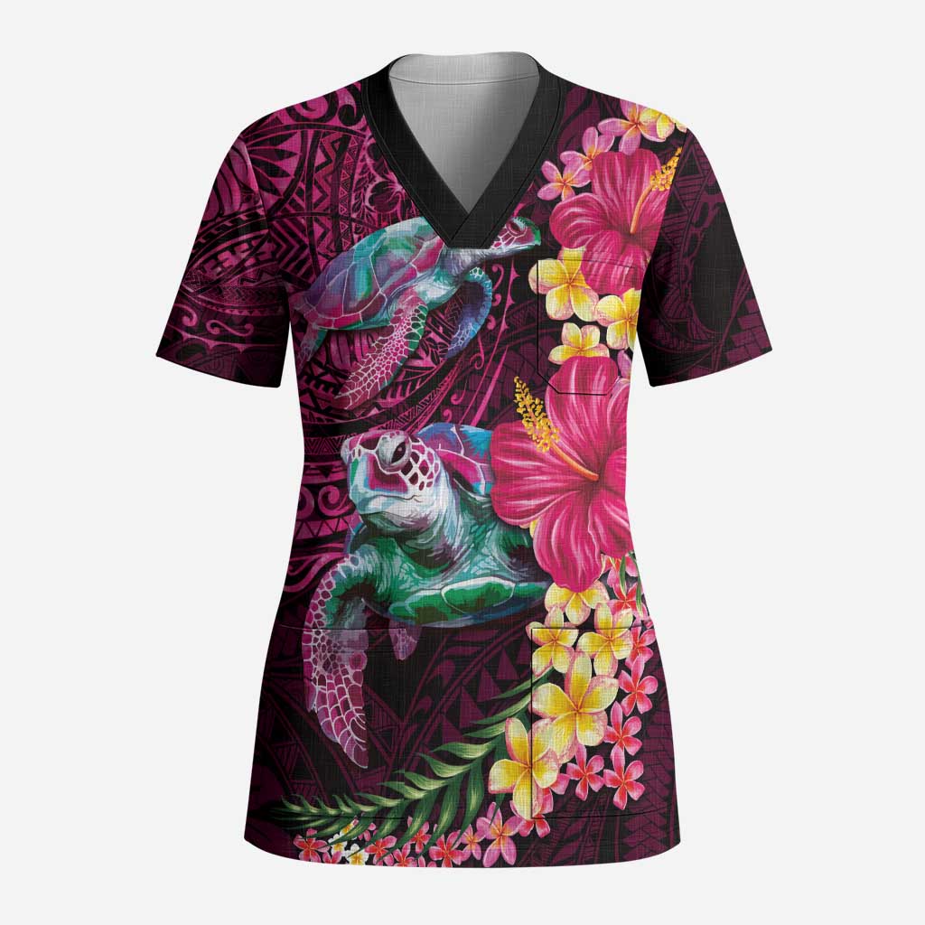 Hawaiian Plumeria and Hibiscus with Turtles Scrub Top Polynesian Art Red Color LT03 Adult Red - Polynesian Pride