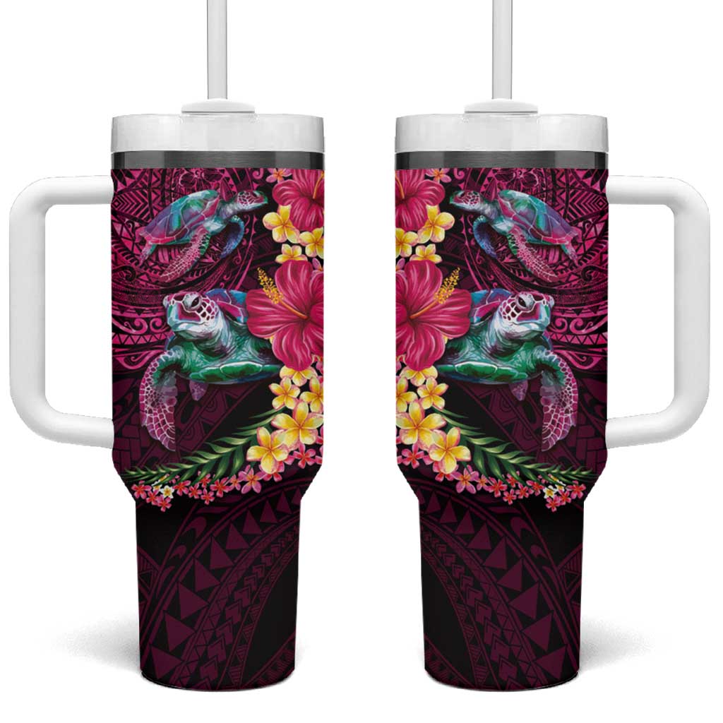 Hawaiian Plumeria and Hibiscus with Turtles Tumbler With Handle Polynesian Art Red Color LT03 One Size: 40 oz Red - Polynesian Pride