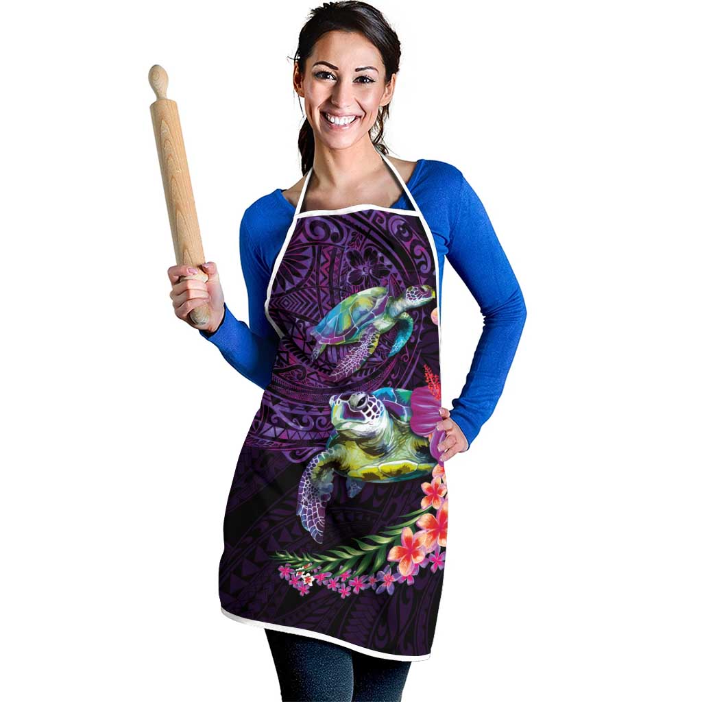 Hawaiian Plumeria and Hibiscus with Turtles Apron Polynesian Art Purple Color LT03 - Polynesian Pride