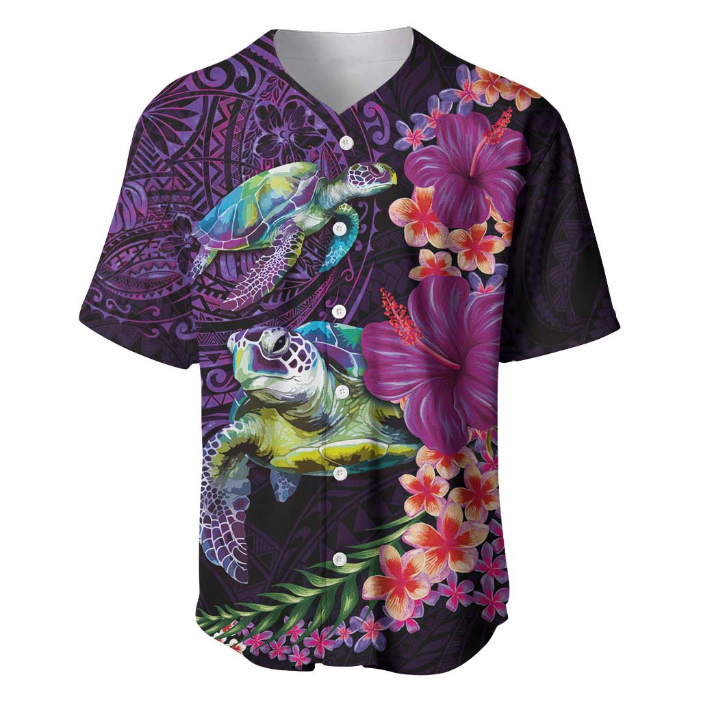 Hawaiian Plumeria and Hibiscus with Turtles Baseball Jersey Polynesian Art Purple Color LT03 Purple - Polynesian Pride