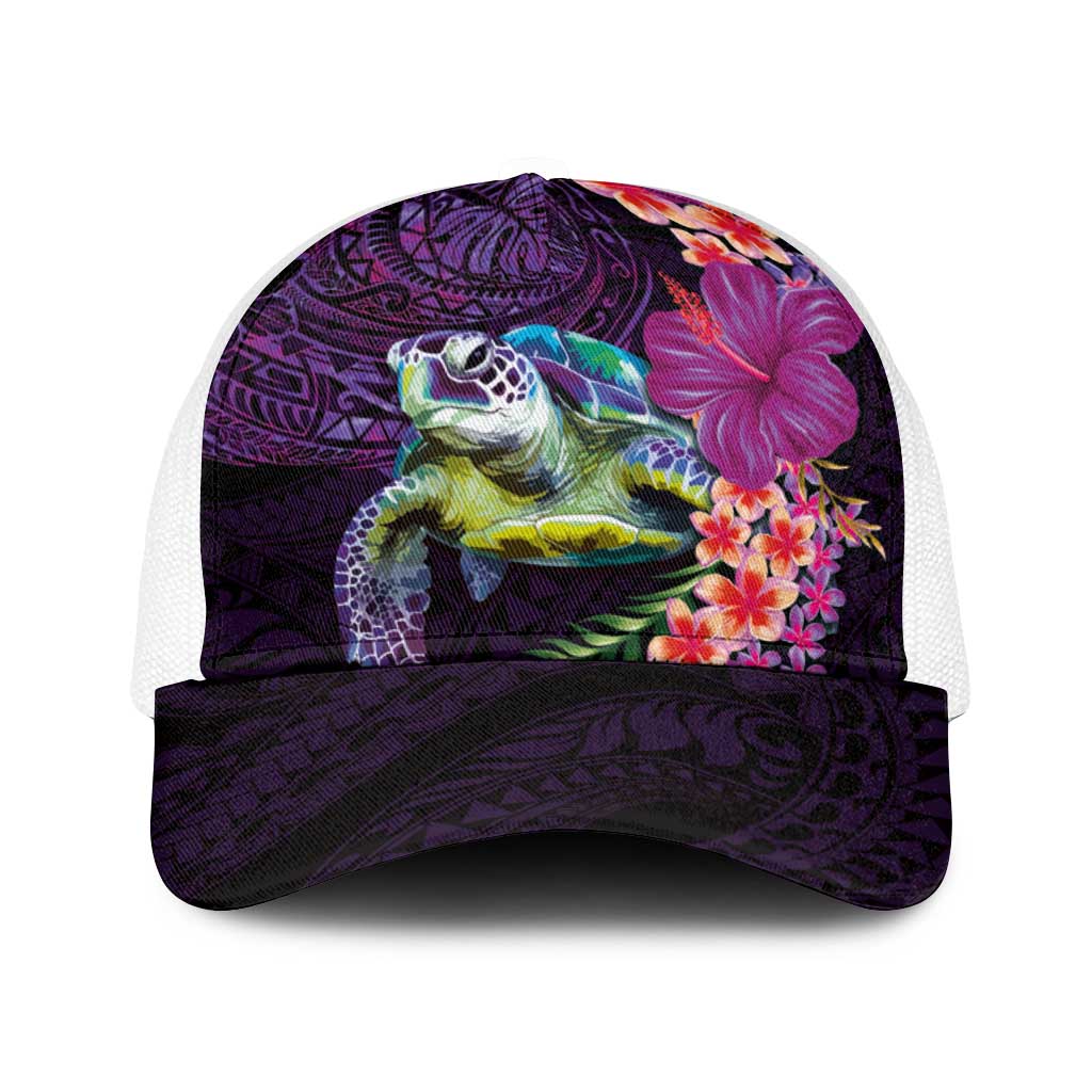 Hawaiian Plumeria and Hibiscus with Turtles Baseball Net Cap Polynesian Art Purple Color LT03 One Size White Purple - Polynesian Pride