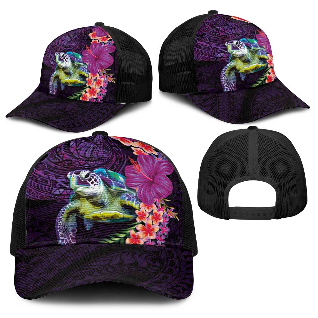 Hawaiian Plumeria and Hibiscus with Turtles Baseball Net Cap Polynesian Art Purple Color LT03 - Polynesian Pride