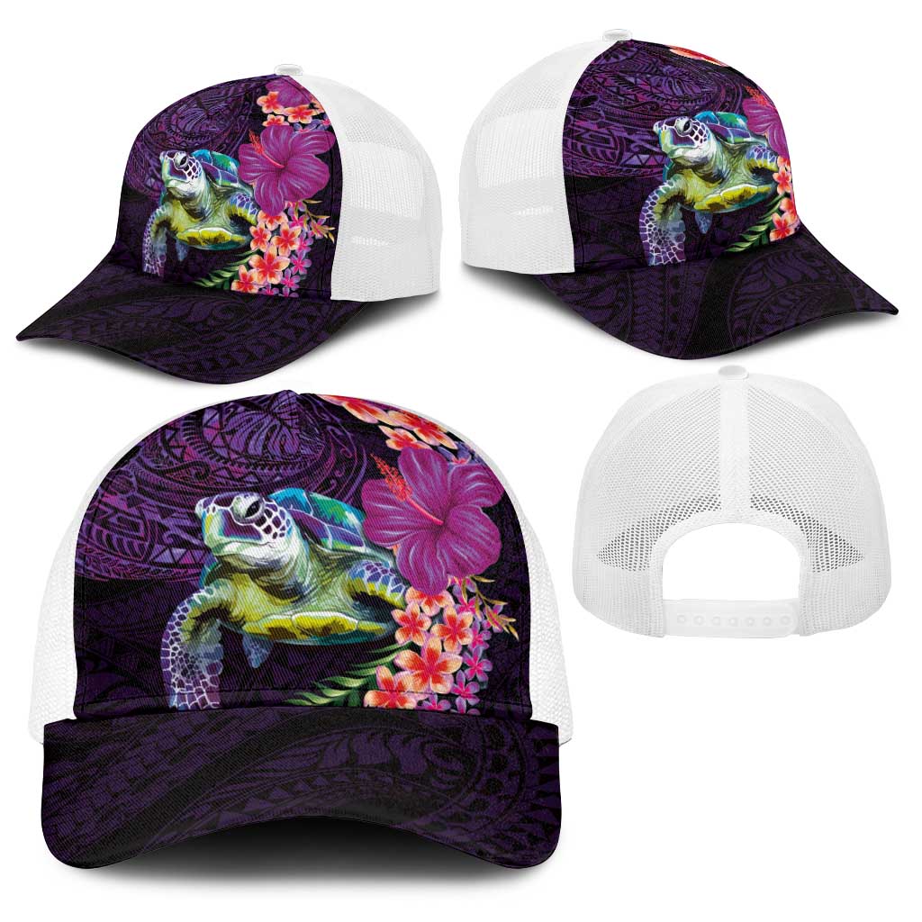 Hawaiian Plumeria and Hibiscus with Turtles Baseball Net Cap Polynesian Art Purple Color LT03 - Polynesian Pride