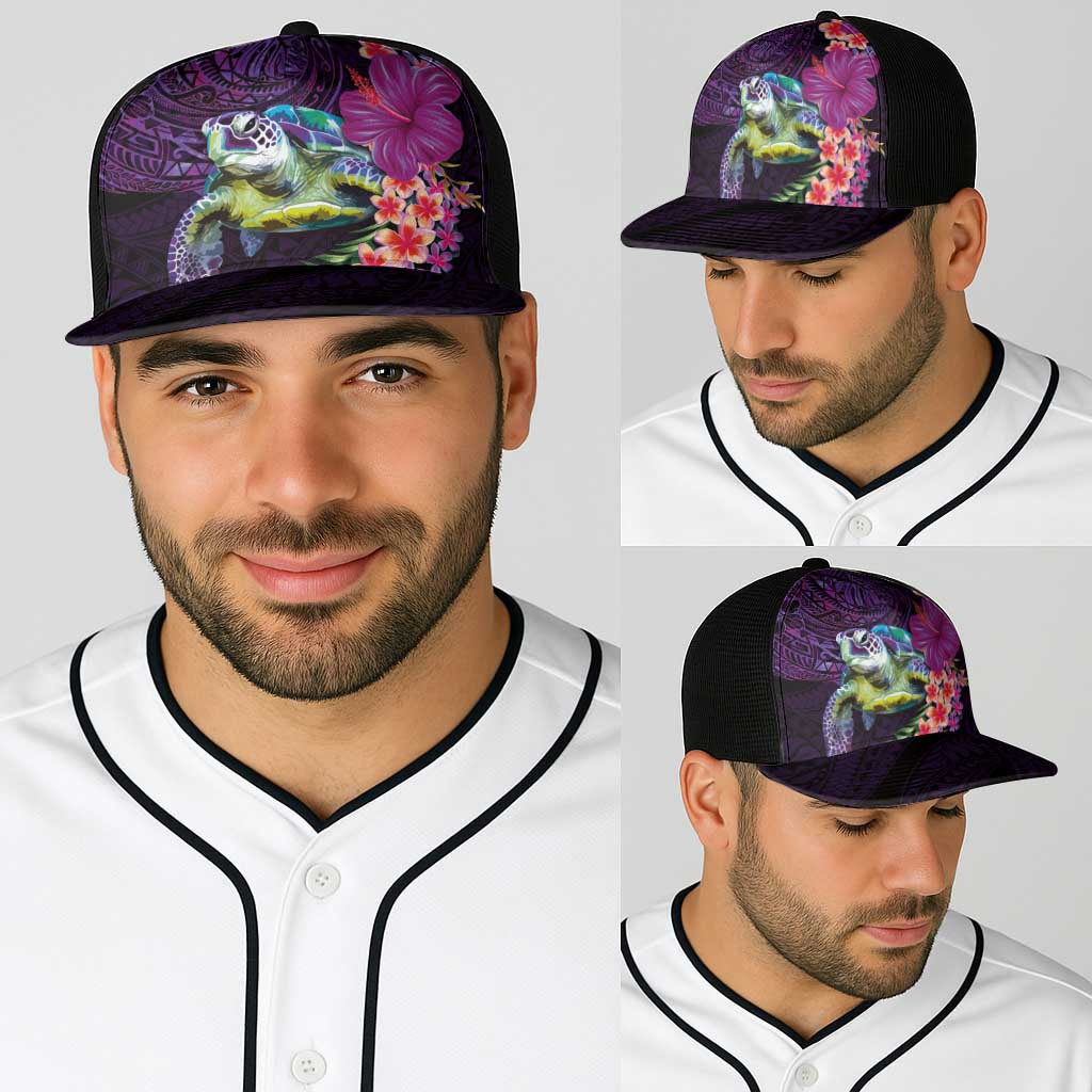 Hawaiian Plumeria and Hibiscus with Turtles Baseball Net Cap Polynesian Art Purple Color LT03 - Polynesian Pride