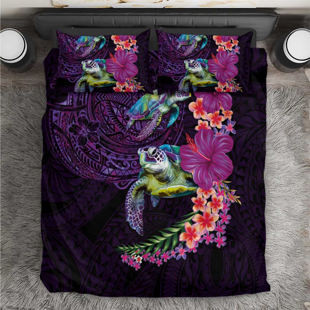 Hawaiian Plumeria and Hibiscus with Turtles Bedding Set Polynesian Art Purple Color LT03 Purple - Polynesian Pride