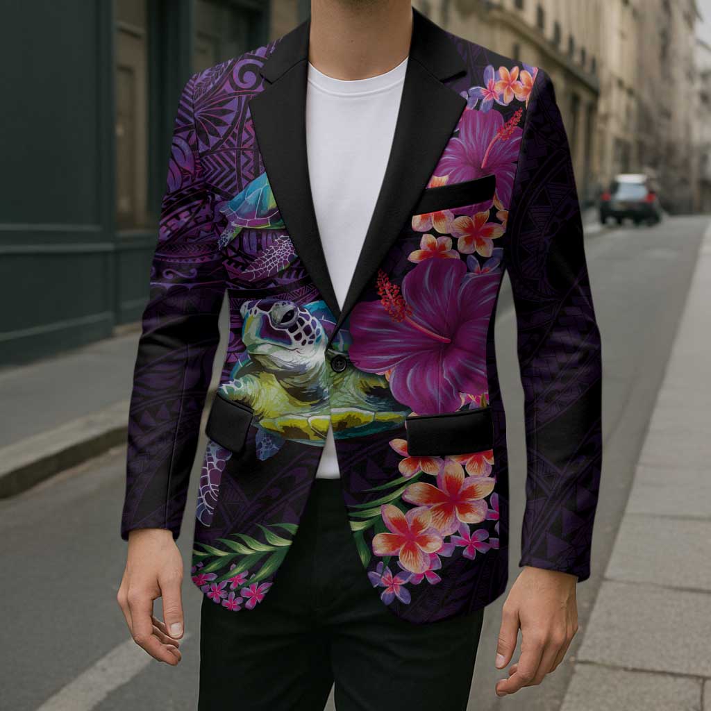 Hawaiian Plumeria and Hibiscus with Turtles Blazer Polynesian Art Purple Color LT03 - Polynesian Pride
