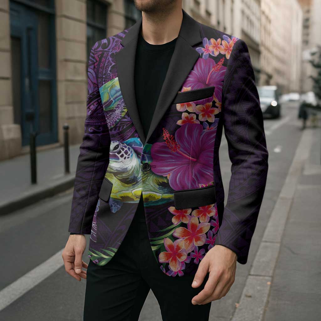 Hawaiian Plumeria and Hibiscus with Turtles Blazer Polynesian Art Purple Color LT03 - Polynesian Pride