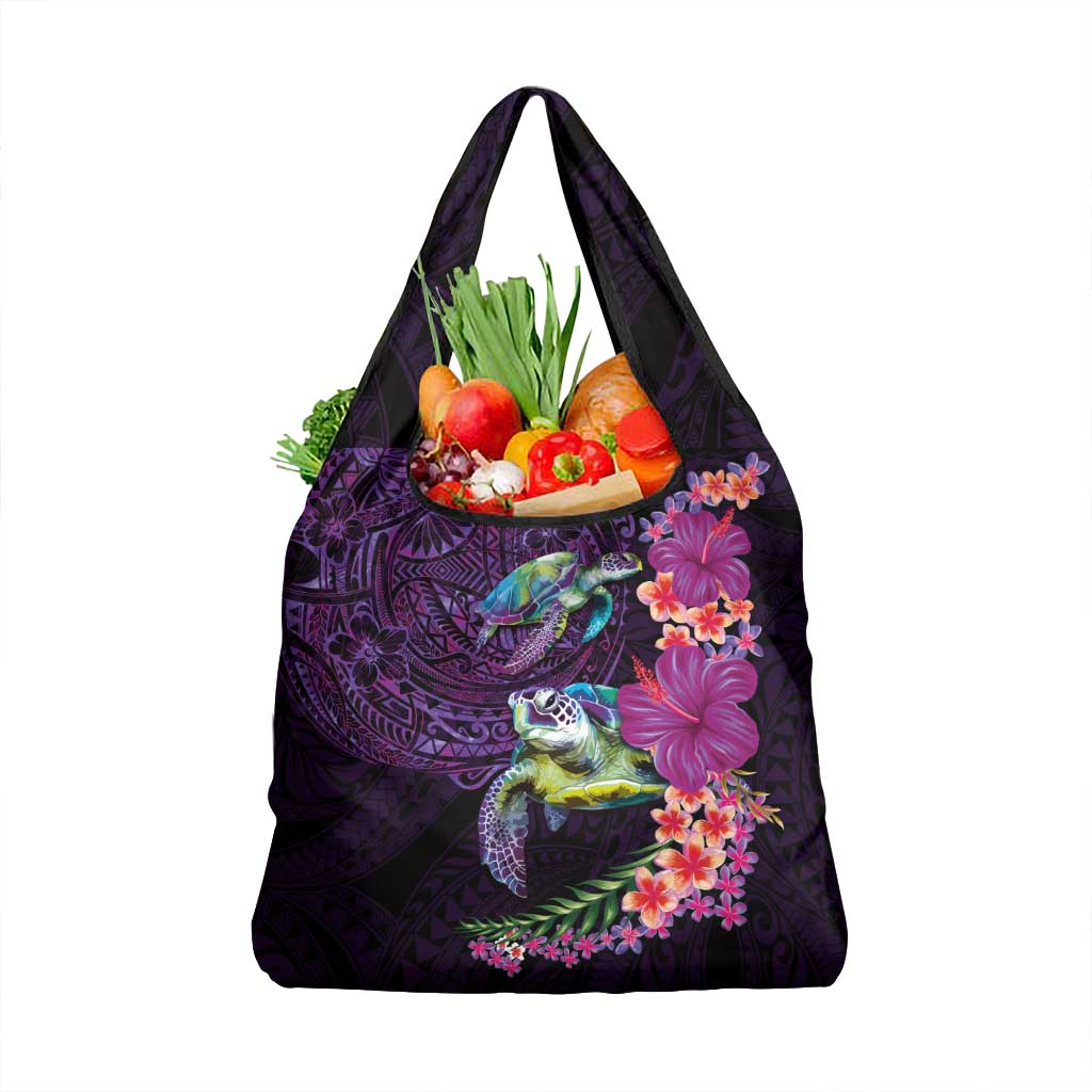 Hawaiian Plumeria and Hibiscus with Turtles Grocery Bag Polynesian Art Purple Color LT03 1-pack One Size Purple - Polynesian Pride
