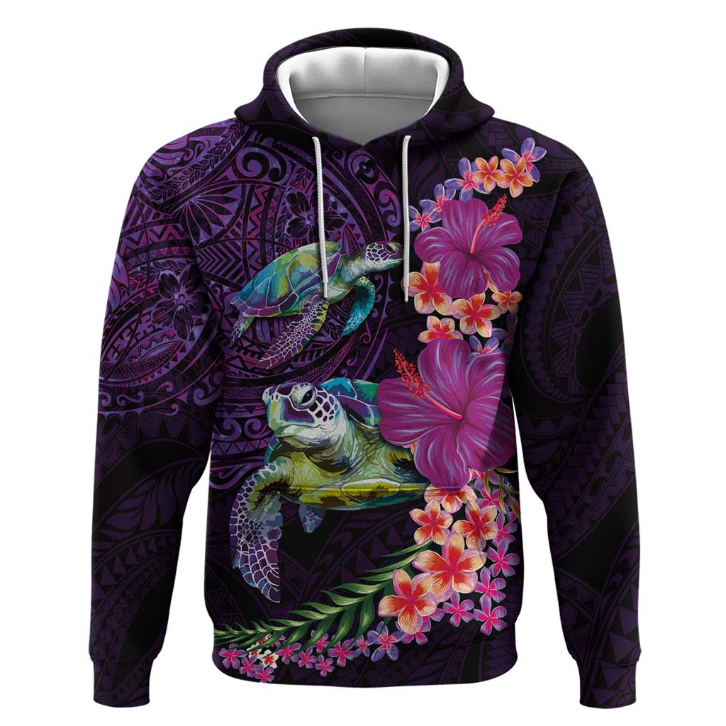 Hawaiian Plumeria and Hibiscus with Turtles Hoodie Polynesian Art Purple Color LT03 Pullover Hoodie Purple - Polynesian Pride