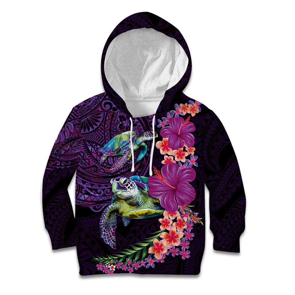 Hawaiian Plumeria and Hibiscus with Turtles Kid Hoodie Polynesian Art Purple Color LT03 Hoodie Purple - Polynesian Pride