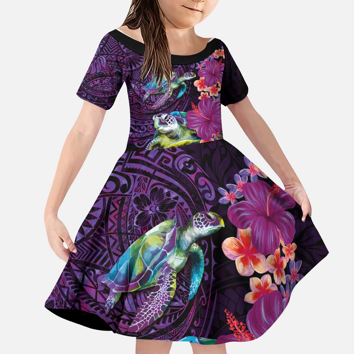 Hawaiian Plumeria and Hibiscus with Turtles Kid Short Sleeve Dress Polynesian Art Purple Color LT03 KID Purple - Polynesian Pride