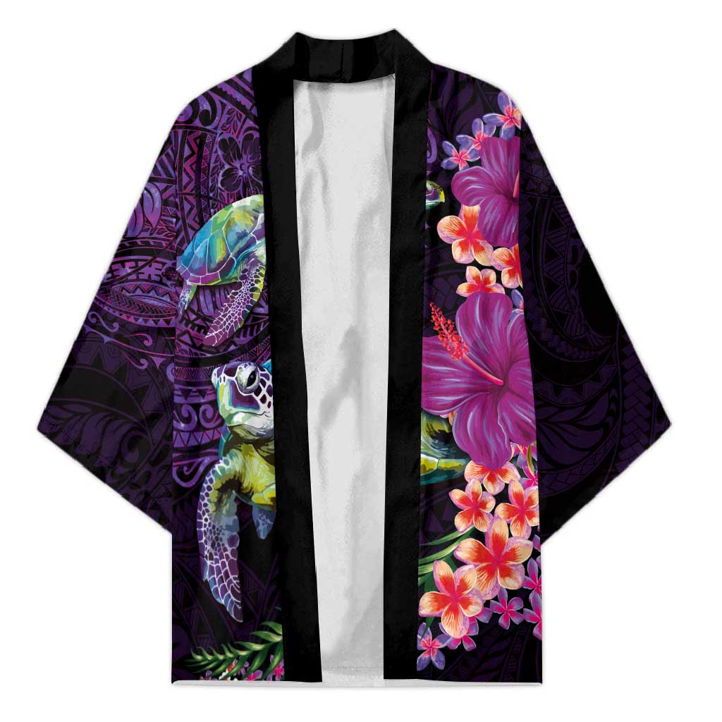 Hawaiian Plumeria and Hibiscus with Turtles Kimono Polynesian Art Purple Color LT03 Unisex Purple - Polynesian Pride