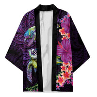 Hawaiian Plumeria and Hibiscus with Turtles Kimono Polynesian Art Purple Color LT03 Unisex Purple - Polynesian Pride