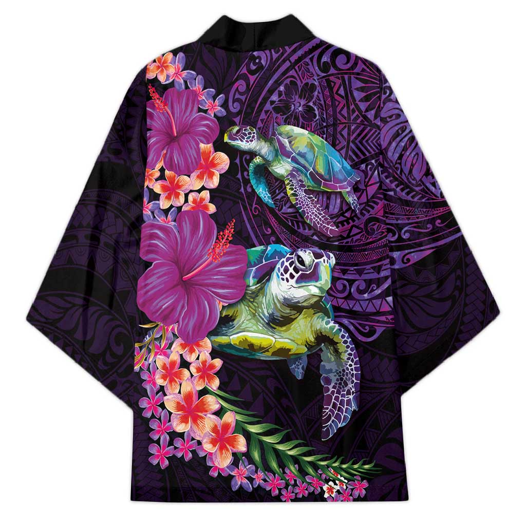 Hawaiian Plumeria and Hibiscus with Turtles Kimono Polynesian Art Purple Color LT03 - Polynesian Pride