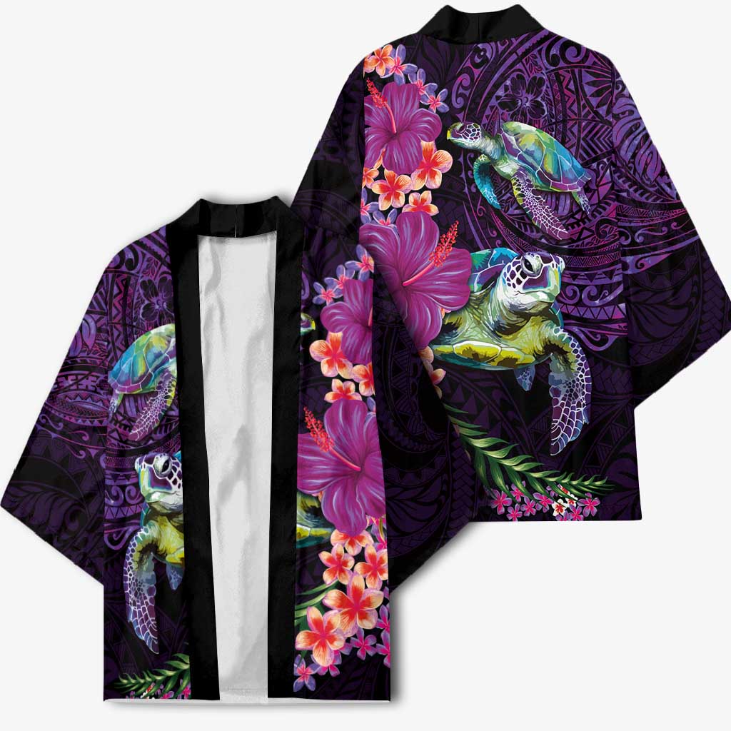 Hawaiian Plumeria and Hibiscus with Turtles Kimono Polynesian Art Purple Color LT03 - Polynesian Pride