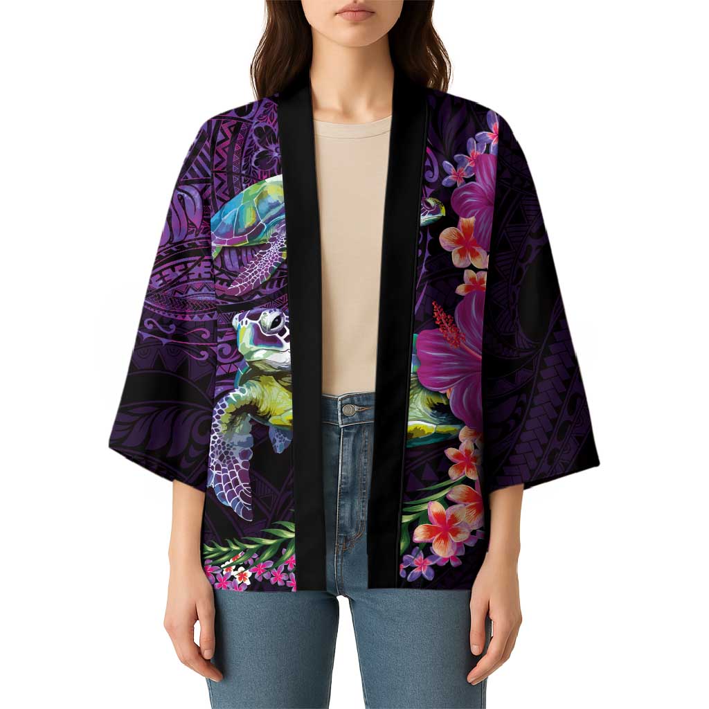 Hawaiian Plumeria and Hibiscus with Turtles Kimono Polynesian Art Purple Color LT03 - Polynesian Pride