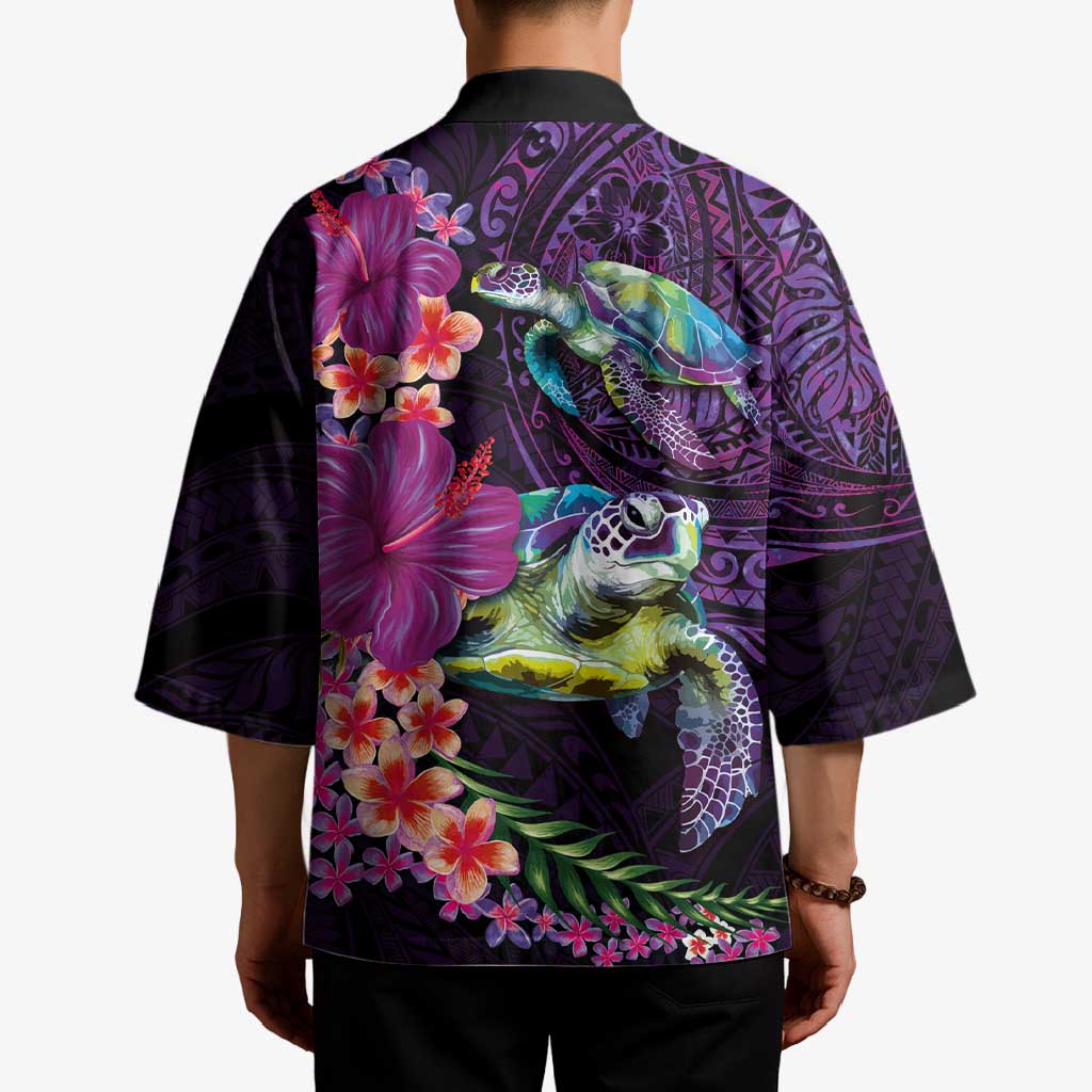 Hawaiian Plumeria and Hibiscus with Turtles Kimono Polynesian Art Purple Color LT03 - Polynesian Pride