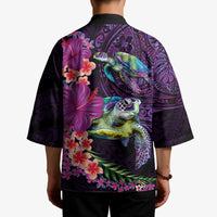 Hawaiian Plumeria and Hibiscus with Turtles Kimono Polynesian Art Purple Color LT03 - Polynesian Pride