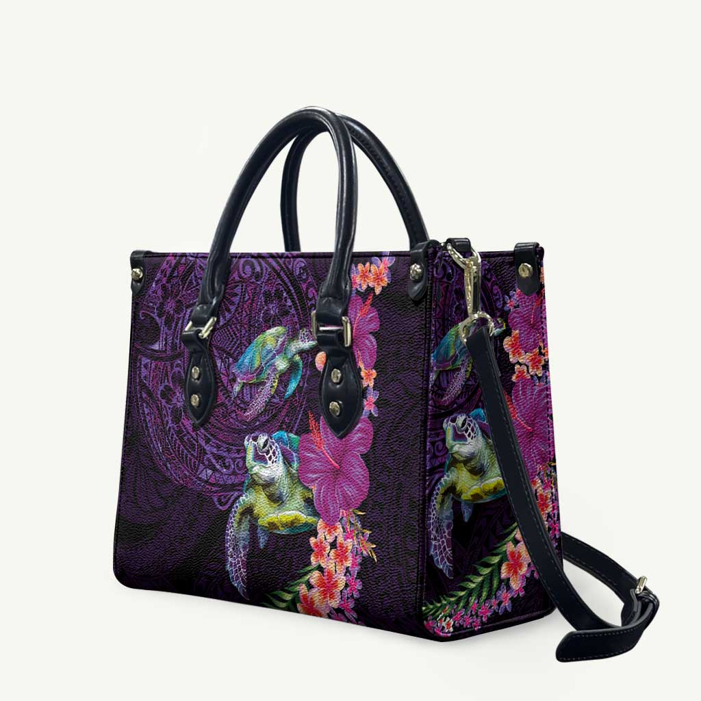 Hawaiian Plumeria and Hibiscus with Turtles Leather Bag Polynesian Art Purple Color LT03 Purple - Polynesian Pride