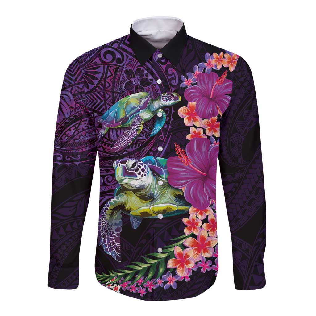 Hawaiian Plumeria and Hibiscus with Turtles Long Sleeve Button Shirt Polynesian Art Purple Color LT03 Unisex Purple - Polynesian Pride