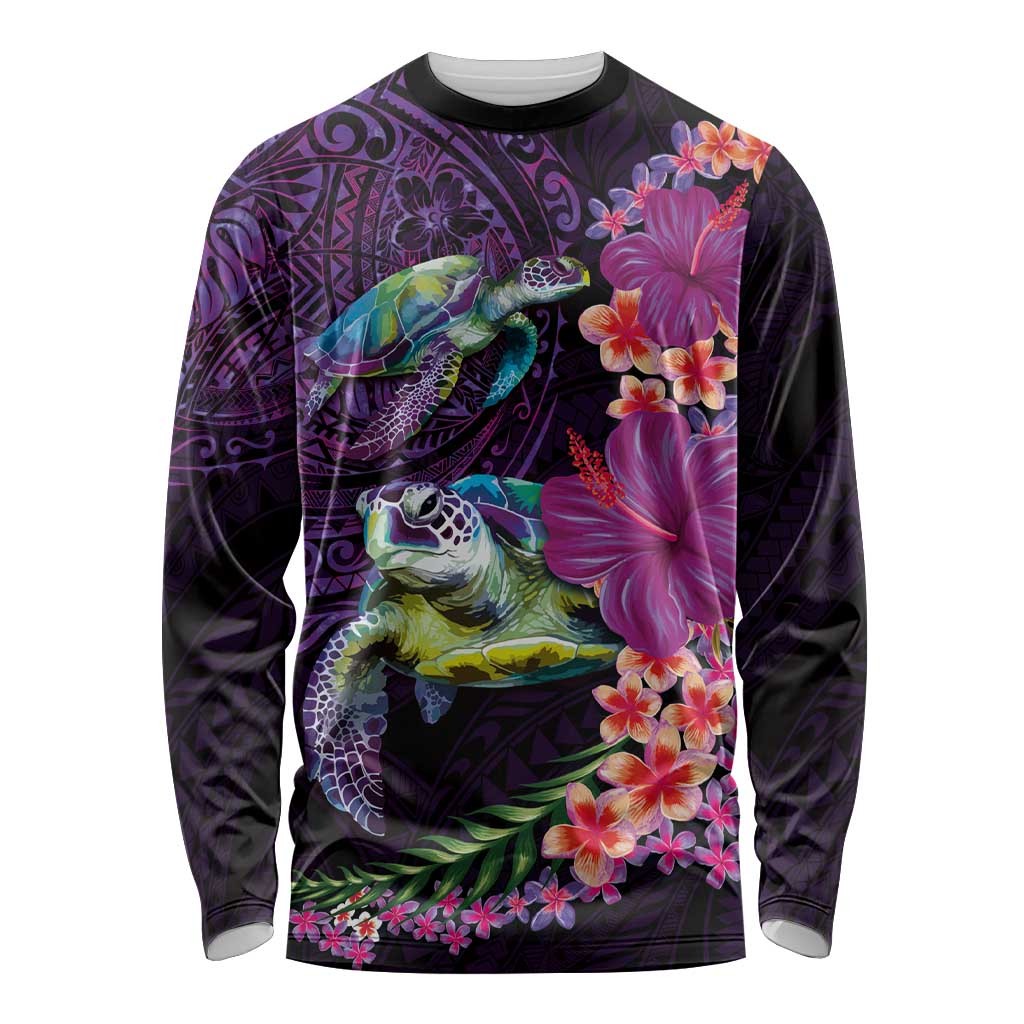 Hawaiian Plumeria and Hibiscus with Turtles Long Sleeve Shirt Polynesian Art Purple Color LT03 Unisex Purple - Polynesian Pride