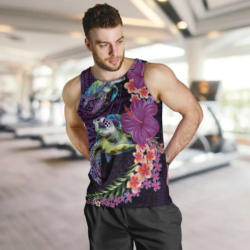 Hawaiian Plumeria and Hibiscus with Turtles Men Tank Top Polynesian Art Purple Color LT03 Purple - Polynesian Pride