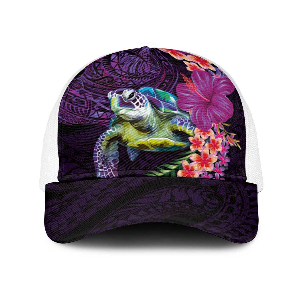 Hawaiian Plumeria and Hibiscus with Turtles Mesh Trucker Cap Polynesian Art Purple Color LT03 One Size White Purple - Polynesian Pride