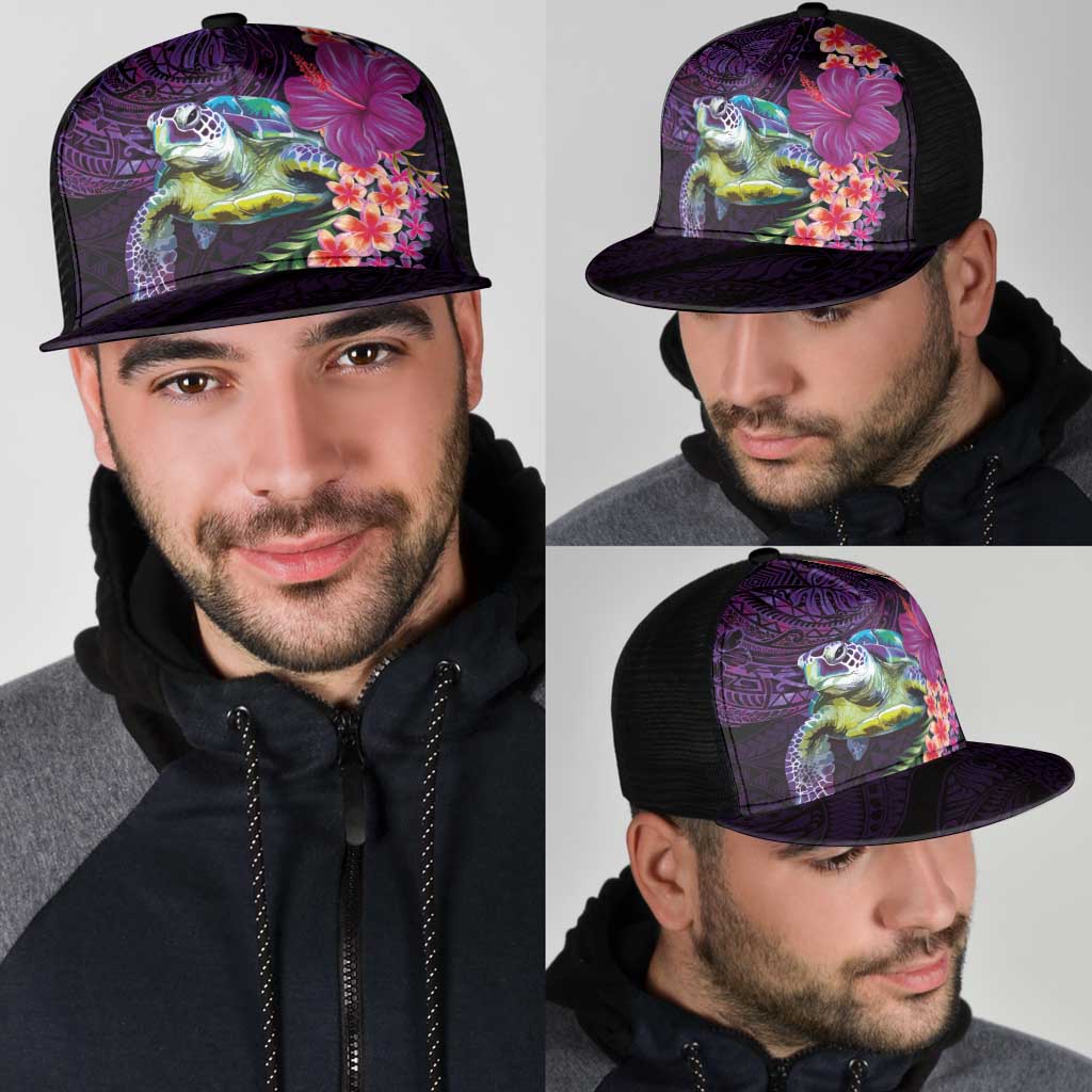 Hawaiian Plumeria and Hibiscus with Turtles Mesh Trucker Cap Polynesian Art Purple Color LT03 - Polynesian Pride