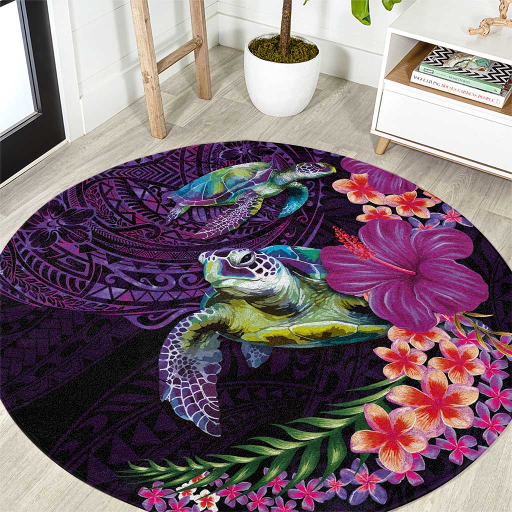 Hawaiian Plumeria and Hibiscus with Turtles Round Carpet Polynesian Art Purple Color LT03 Purple - Polynesian Pride