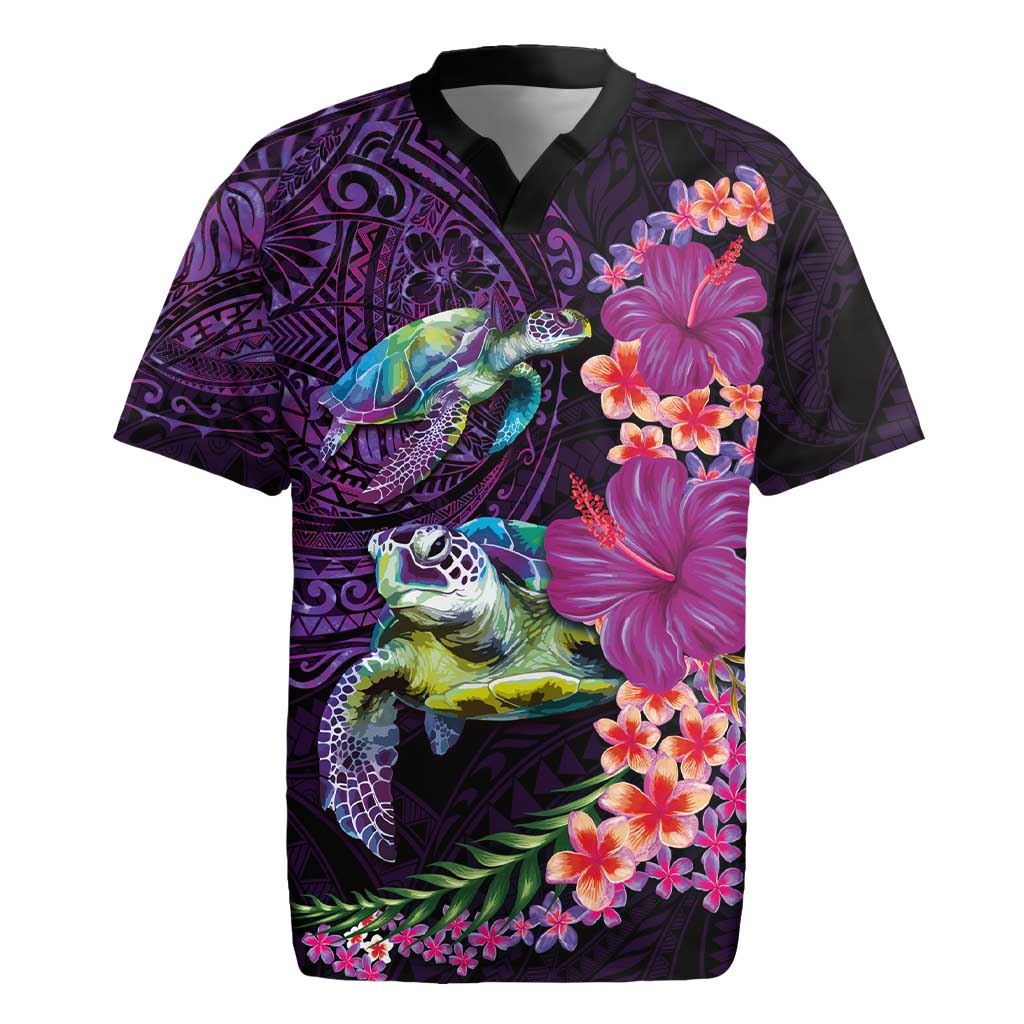 Hawaiian Plumeria and Hibiscus with Turtles Rugby Jersey Polynesian Art Purple Color LT03 Purple - Polynesian Pride