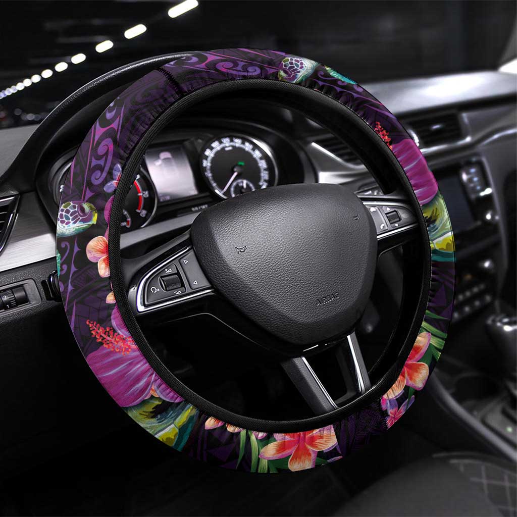 Hawaiian Plumeria and Hibiscus with Turtles Steering Wheel Cover Polynesian Art Purple Color LT03 Universal Fit Purple - Polynesian Pride
