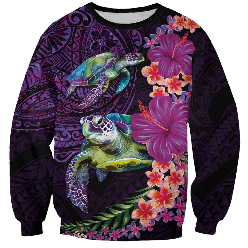 Hawaiian Plumeria and Hibiscus with Turtles Sweatshirt Polynesian Art Purple Color LT03 Unisex Purple - Polynesian Pride