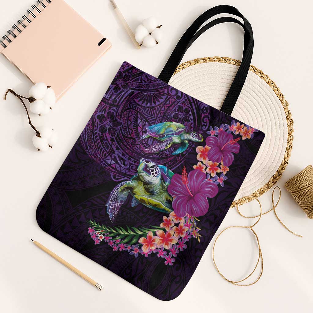 Hawaiian Plumeria and Hibiscus with Turtles Tote Bag Polynesian Art Purple Color LT03 Black Strap One Size Purple - Polynesian Pride