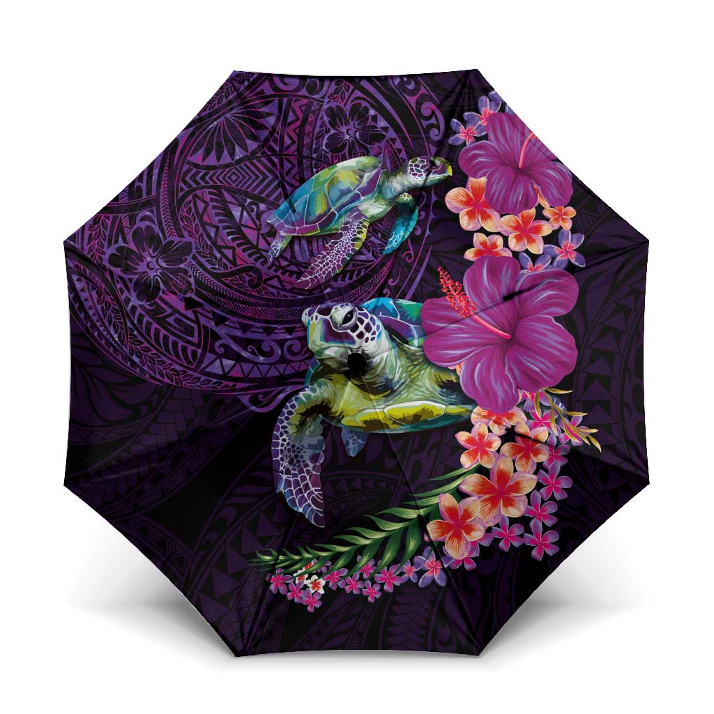 Hawaiian Plumeria and Hibiscus with Turtles Umbrella Polynesian Art Purple Color LT03 One Size Folded 11.42 inch Opened Diameter 37.4 inch Purple - Polynesian Pride