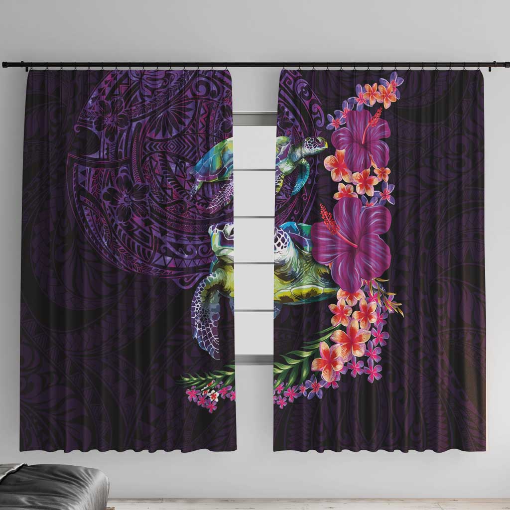 Hawaiian Plumeria and Hibiscus with Turtles Window Curtain Polynesian Art Purple Color LT03 With Hooks Purple - Polynesian Pride