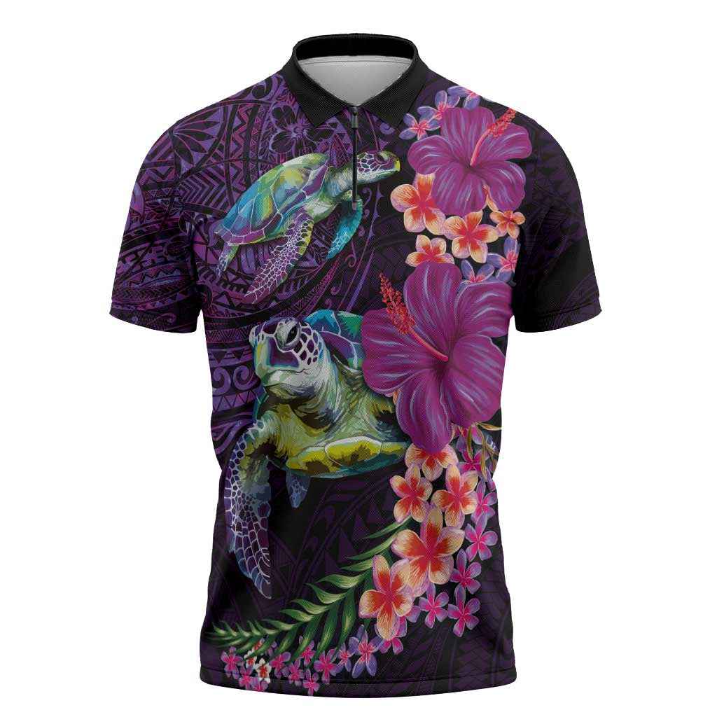 Hawaiian Plumeria and Hibiscus with Turtles Zipper Polo Shirt Polynesian Art Purple Color LT03 Purple - Polynesian Pride